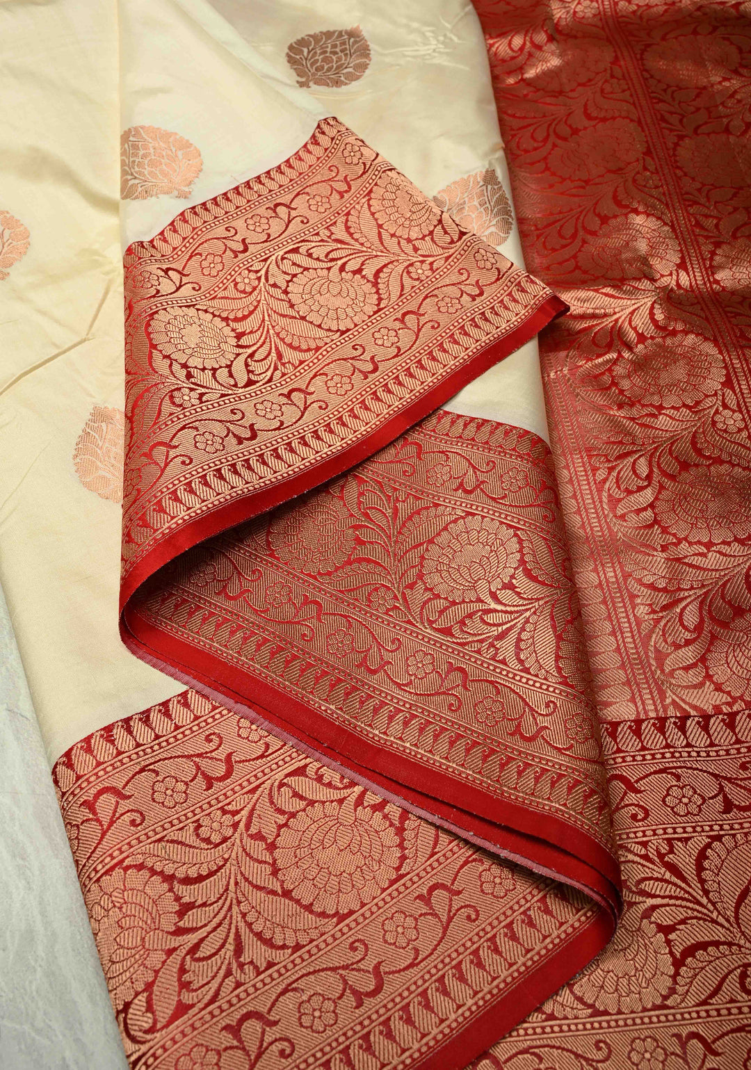 Off White Banarasi Katan Silk Saree with Zari Buttas and Contrast Red Zari Border | SILK MARK CERTIFIED