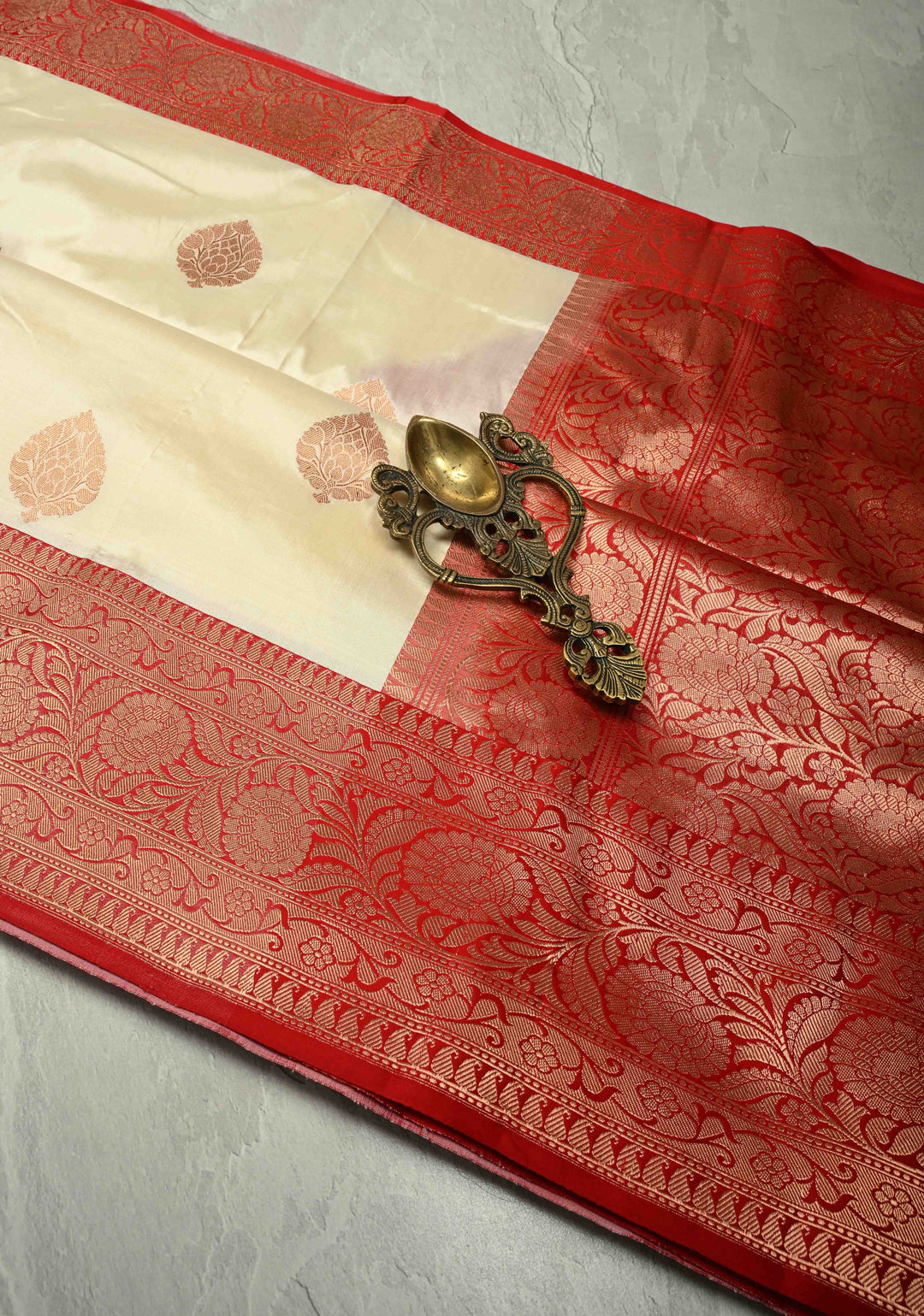 Off White Banarasi Katan Silk Saree with Zari Buttas and Contrast Red Zari Border | SILK MARK CERTIFIED