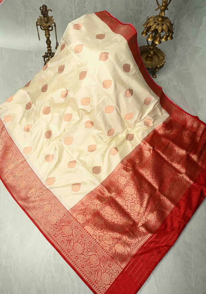 Off White Banarasi Katan Silk Saree with Zari Buttas and Contrast Red Zari Border | SILK MARK CERTIFIED