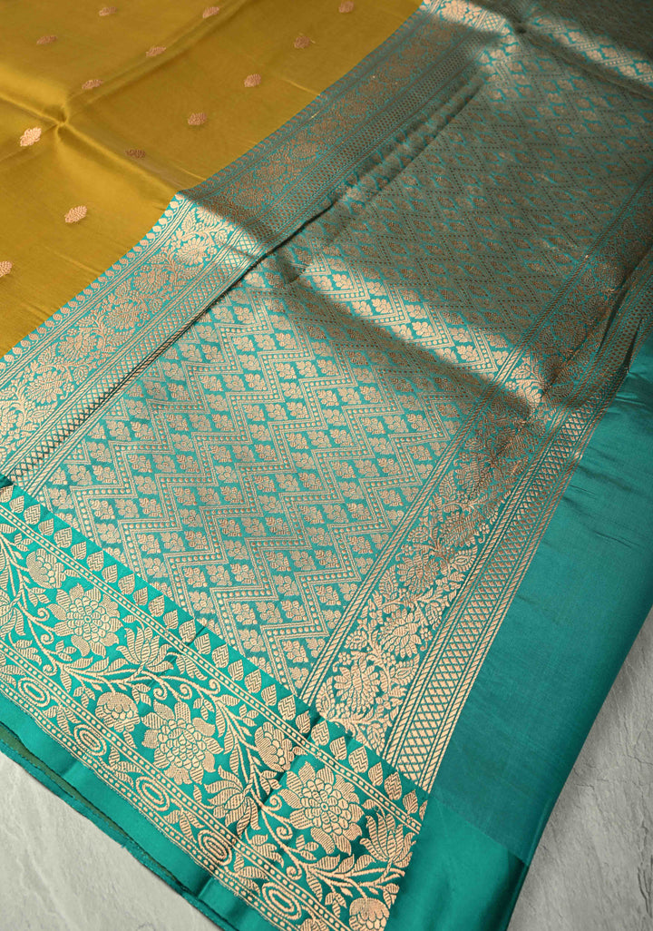 Methi Yellow Pure Banarasi Kora Silk Saree with Zari Buttas and Contrast Zari Border | SILK MARK CERTIFIED