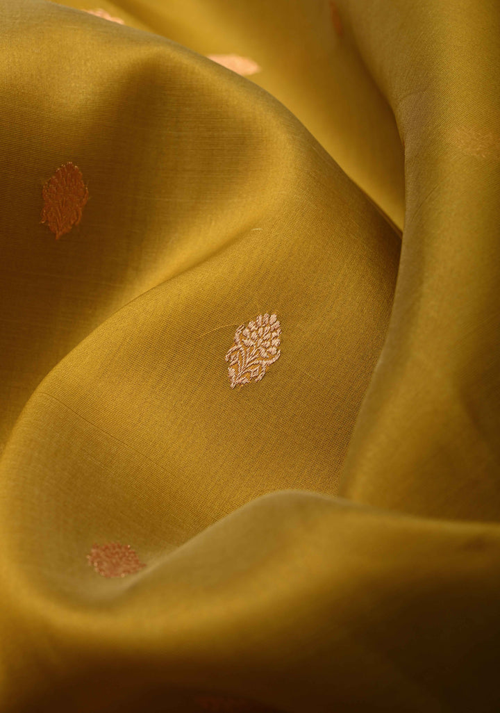 Methi Yellow Pure Banarasi Kora Silk Saree with Zari Buttas and Contrast Zari Border | SILK MARK CERTIFIED