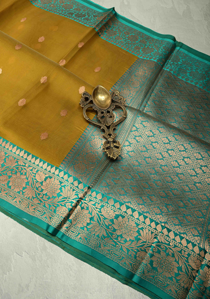 Methi Yellow Pure Banarasi Kora Silk Saree with Zari Buttas and Contrast Zari Border | SILK MARK CERTIFIED