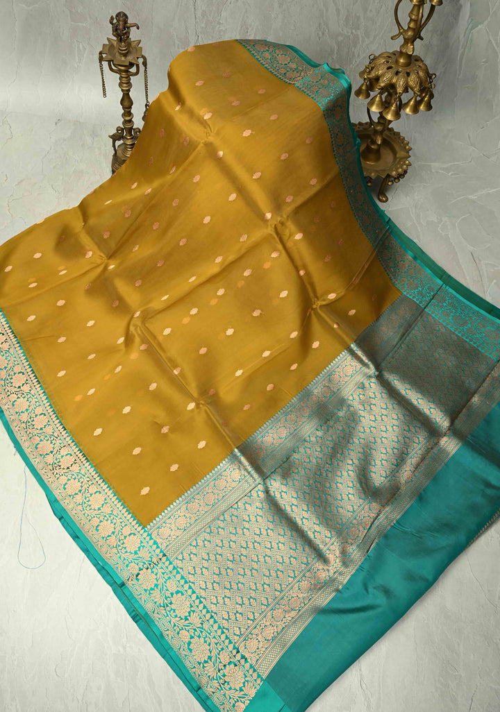 Methi Yellow Pure Banarasi Kora Silk Saree with Zari Buttas and Contrast Zari Border | SILK MARK CERTIFIED