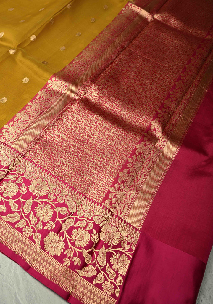 Yellow Ochre Pure Banarasi Organza Silk Saree with Floral Zari  Buttas and Contrast Zari Border | SILK MARK CERTIFIED