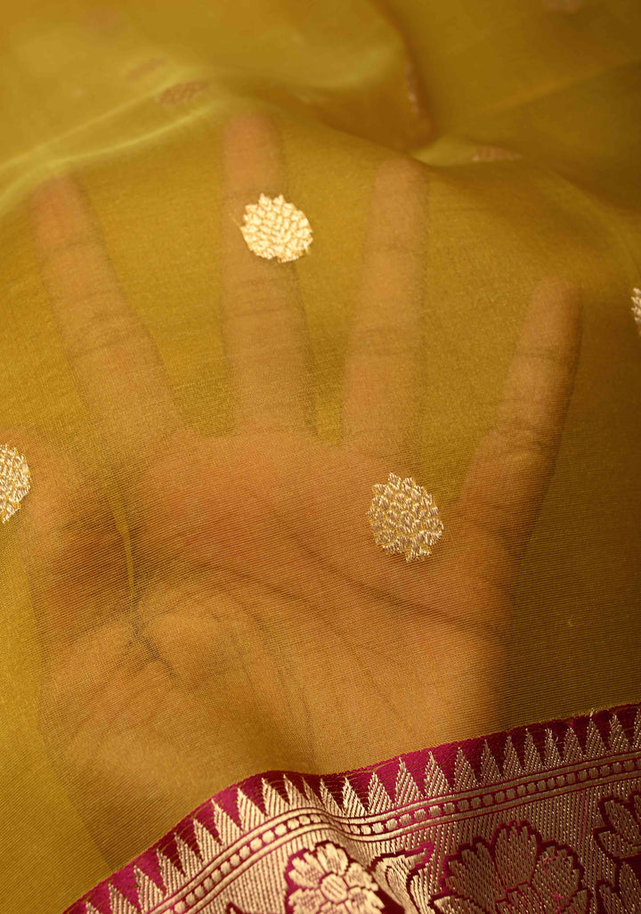 Yellow Ochre Pure Banarasi Organza Silk Saree with Floral Zari  Buttas and Contrast Zari Border | SILK MARK CERTIFIED