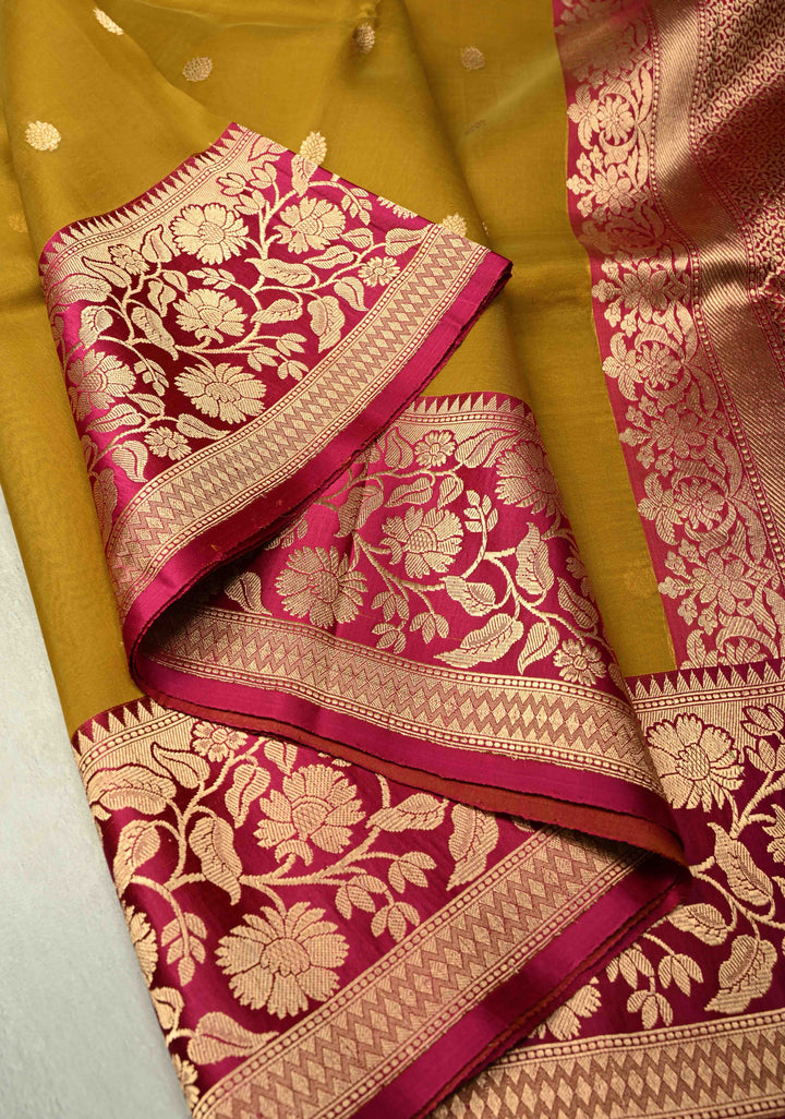Yellow Ochre Pure Banarasi Organza Silk Saree with Floral Zari  Buttas and Contrast Zari Border | SILK MARK CERTIFIED