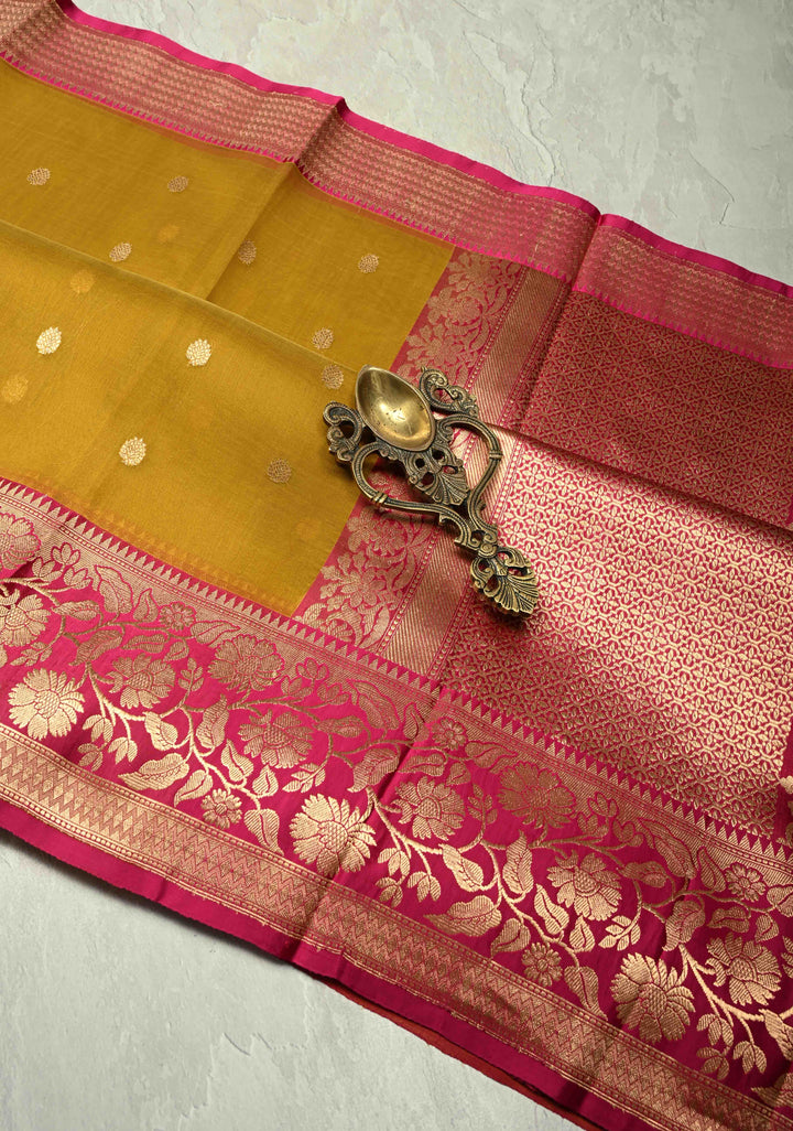 Yellow Ochre Pure Banarasi Organza Silk Saree with Floral Zari  Buttas and Contrast Zari Border | SILK MARK CERTIFIED