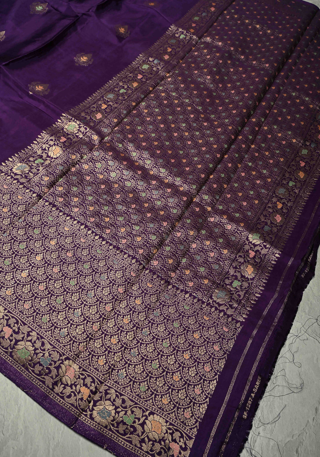 Eggplant Purple Banarasi Semi Silk Saree with Meenakari Zari Buttas and Wide Zari Border