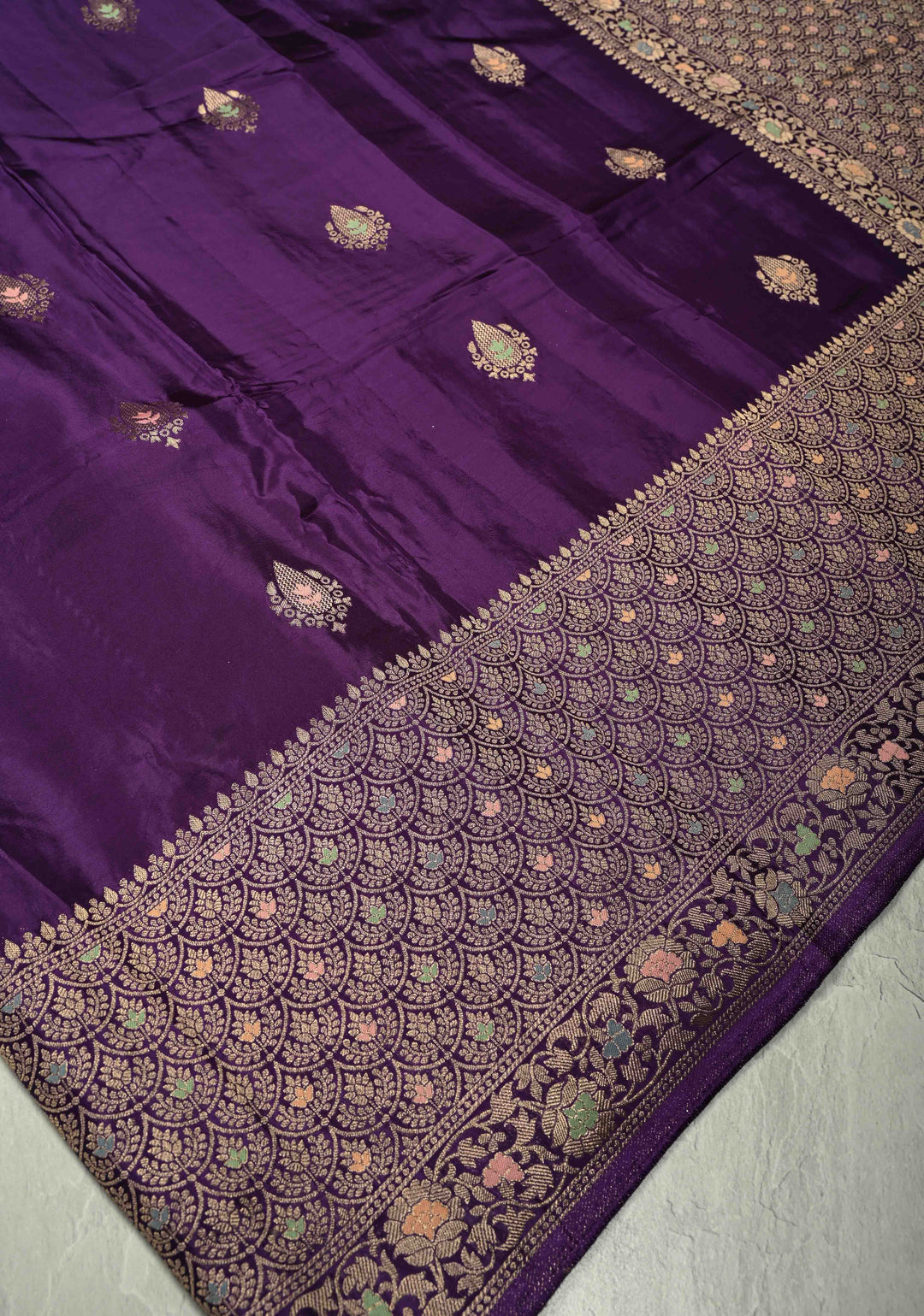 Eggplant Purple Banarasi Semi Silk Saree with Meenakari Zari Buttas and Wide Zari Border