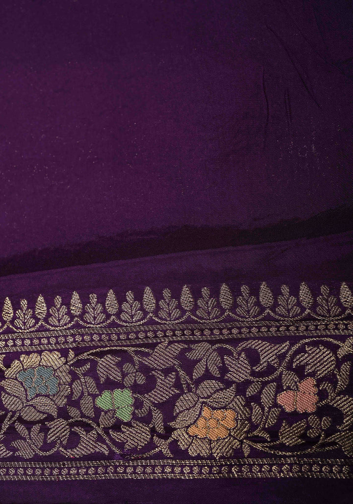 Eggplant Purple Banarasi Semi Silk Saree with Meenakari Zari Buttas and Wide Zari Border