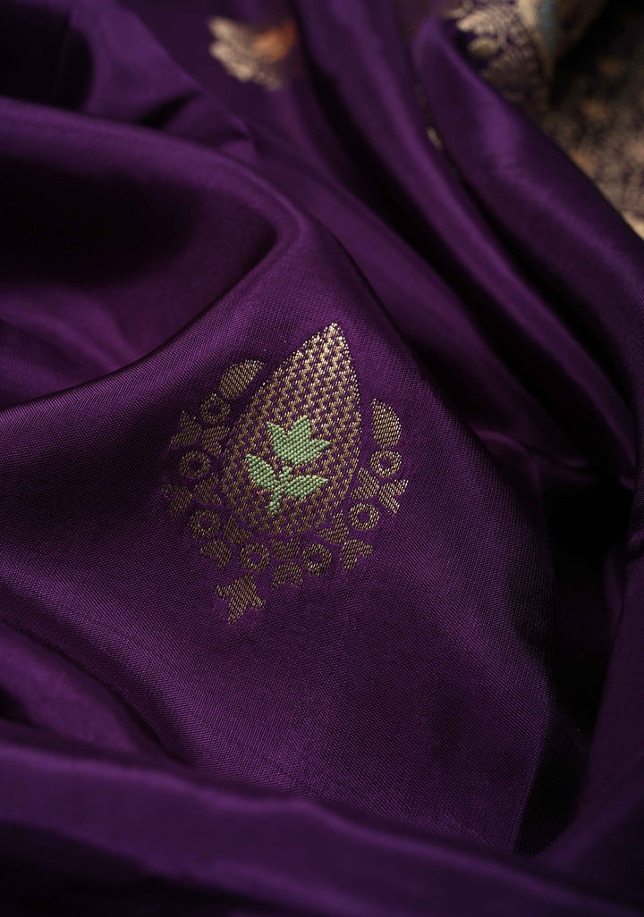 Eggplant Purple Banarasi Semi Silk Saree with Meenakari Zari Buttas and Wide Zari Border