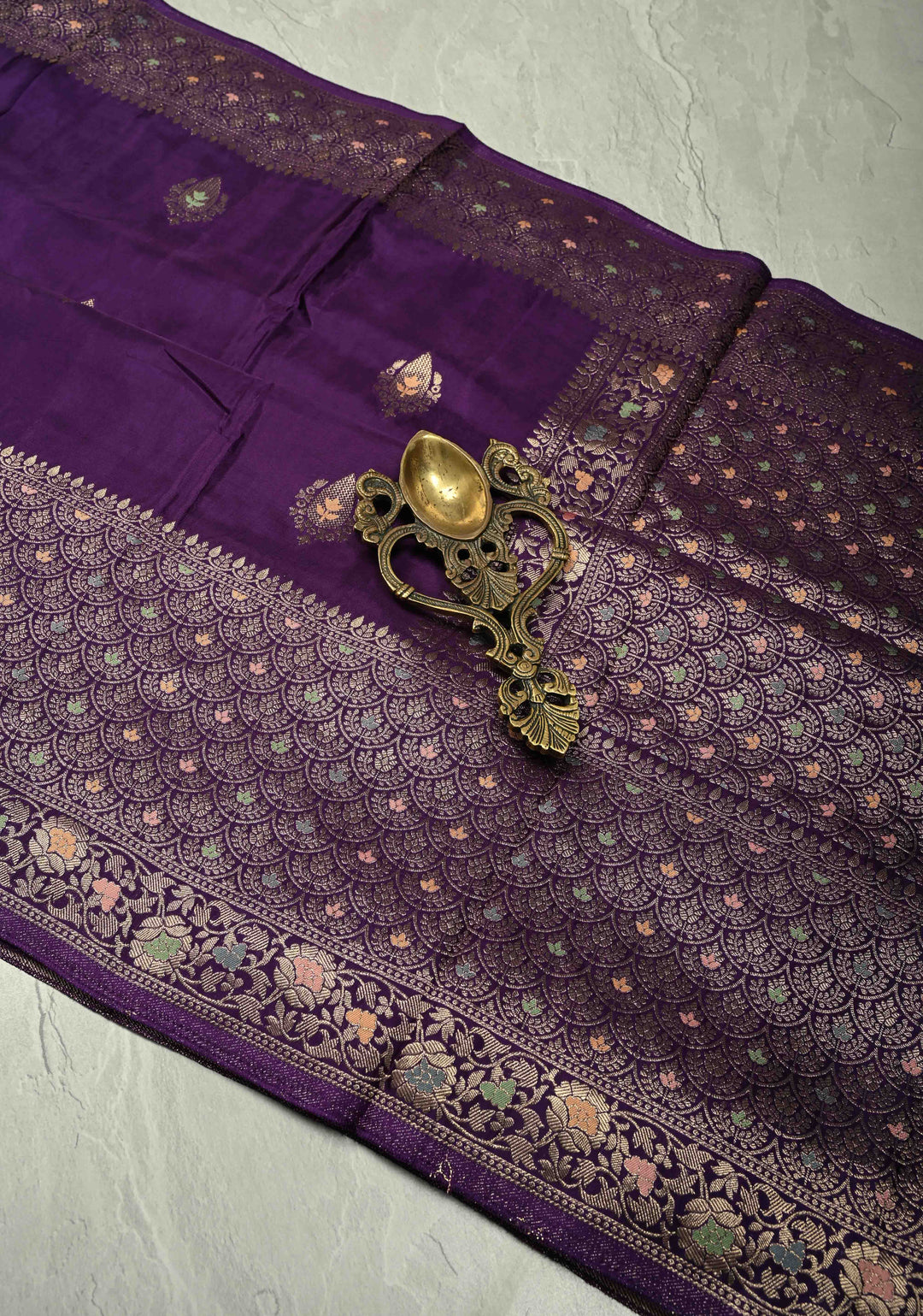 Eggplant Purple Banarasi Semi Silk Saree with Meenakari Zari Buttas and Wide Zari Border