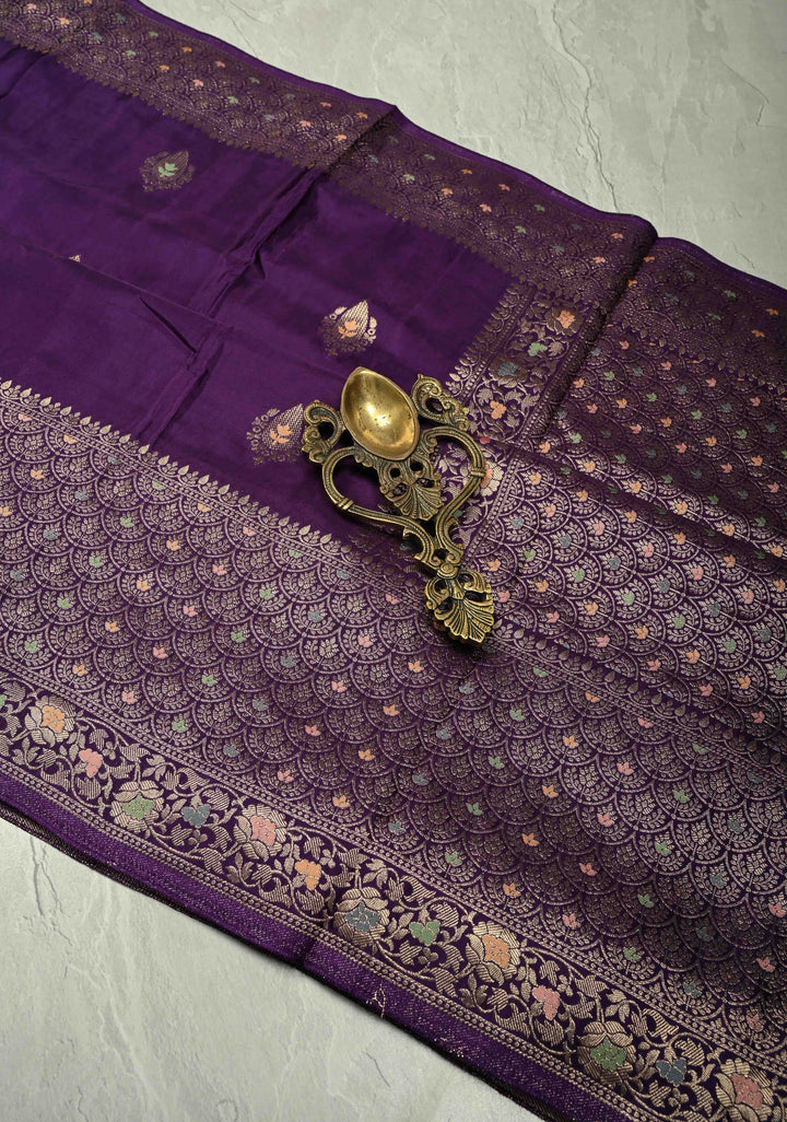 Eggplant Purple Banarasi Semi Silk Saree with Meenakari Zari Buttas and Wide Zari Border