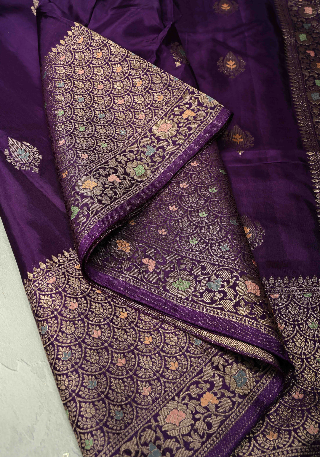 Eggplant Purple Banarasi Semi Silk Saree with Meenakari Zari Buttas and Wide Zari Border