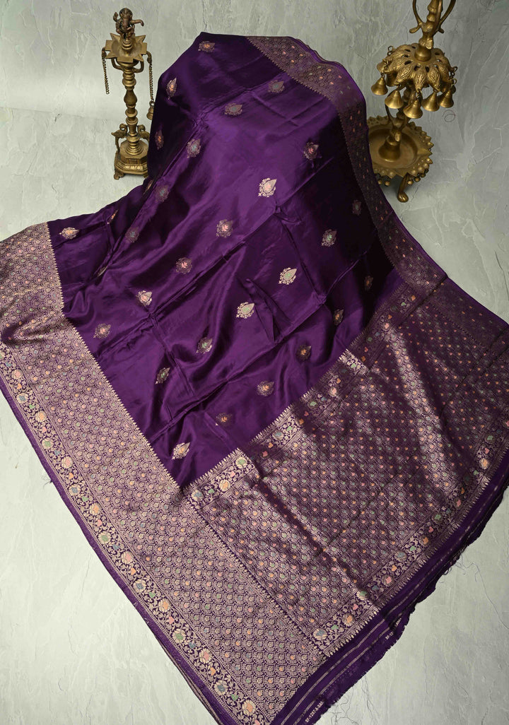 Eggplant Purple Banarasi Semi Silk Saree with Meenakari Zari Buttas and Wide Zari Border