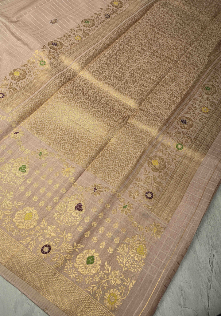 Taupe Self Checks on Banarasi Semi Crepe Saree with Meenakari Buttas and Border