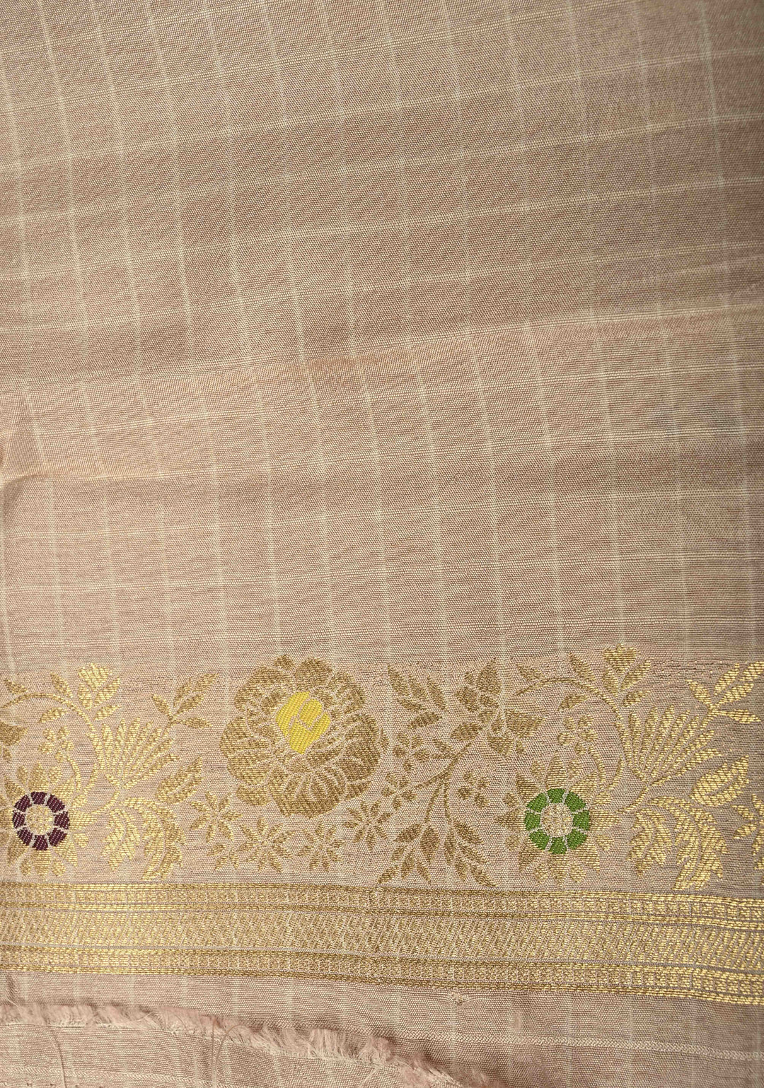 Taupe Self Checks on Banarasi Semi Crepe Saree with Meenakari Buttas and Border
