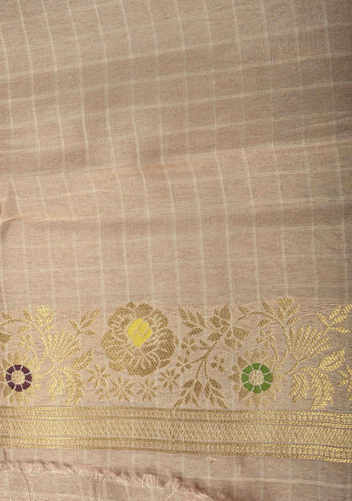 Taupe Self Checks on Banarasi Semi Crepe Saree with Meenakari Buttas and Border