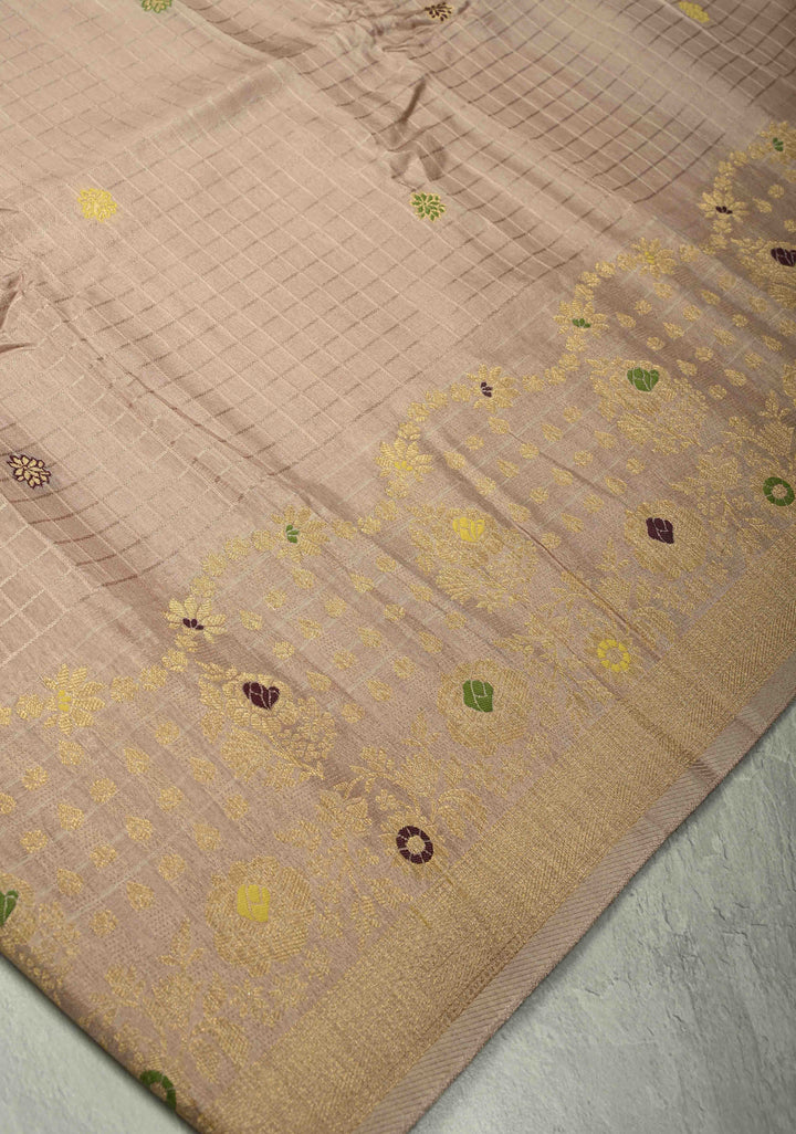 Taupe Self Checks on Banarasi Semi Crepe Saree with Meenakari Buttas and Border