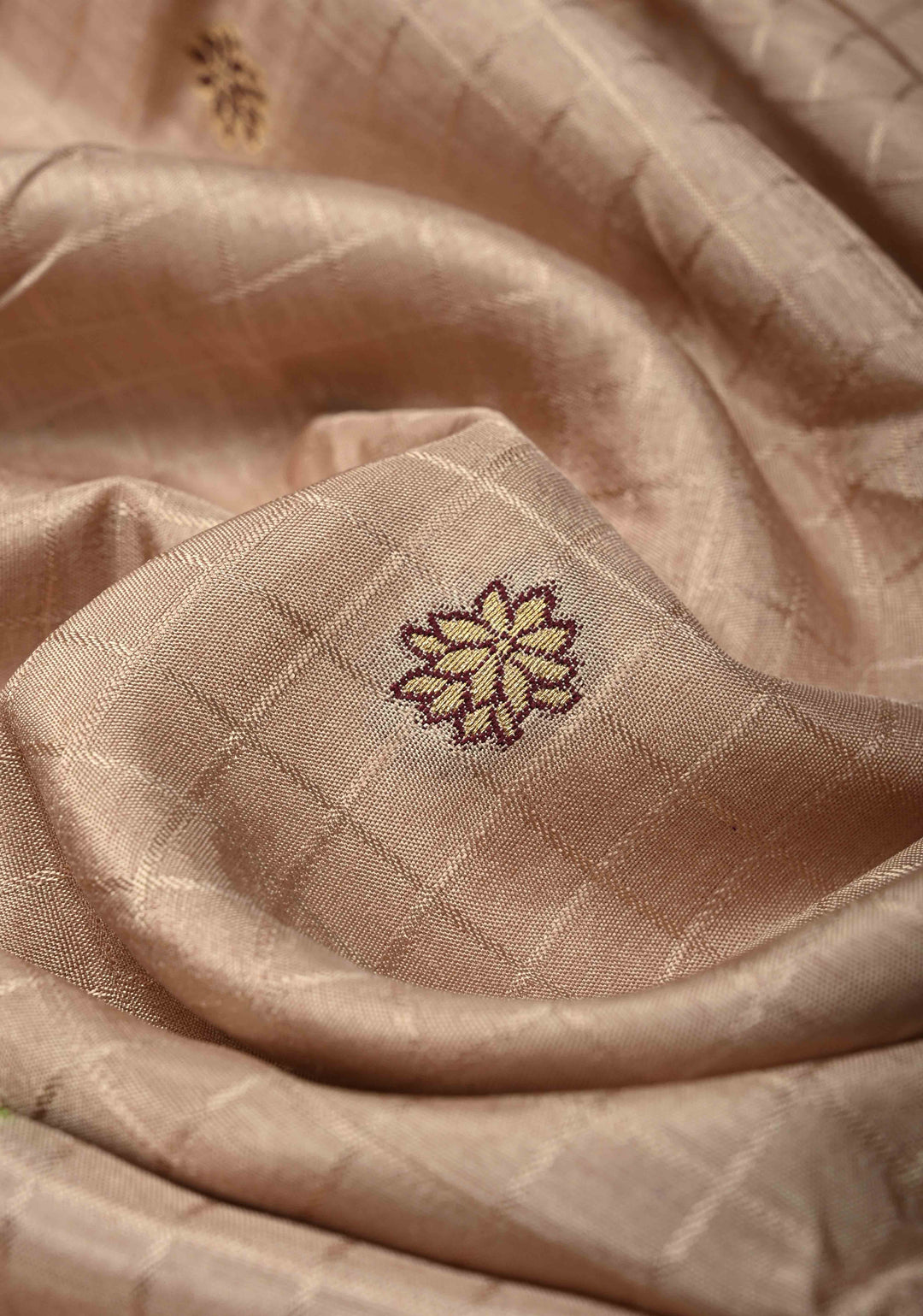 Taupe Self Checks on Banarasi Semi Crepe Saree with Meenakari Buttas and Border