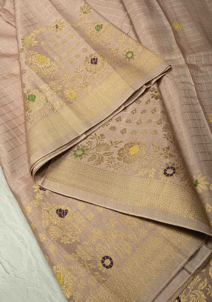 Taupe Self Checks on Banarasi Semi Crepe Saree with Meenakari Buttas and Border