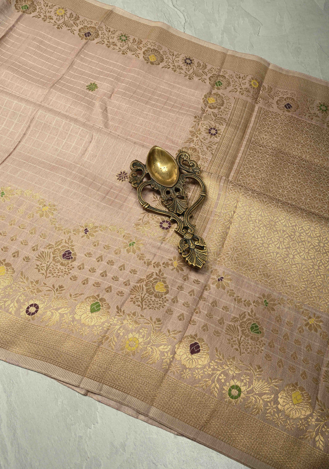 Taupe Self Checks on Banarasi Semi Crepe Saree with Meenakari Buttas and Border