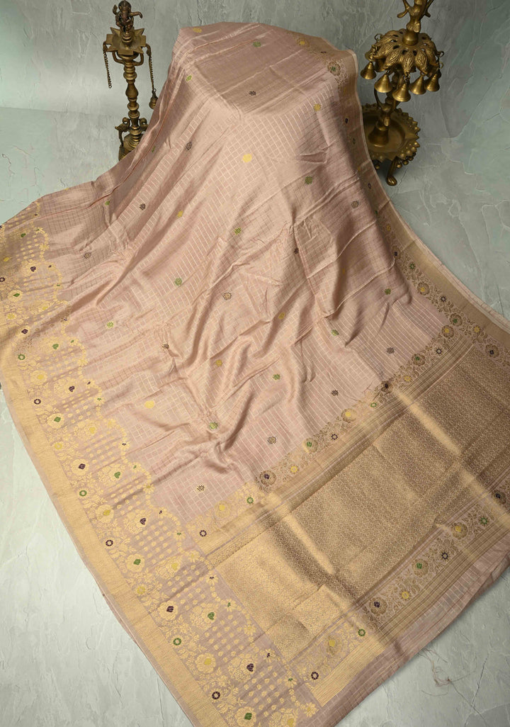 Taupe Self Checks on Banarasi Semi Crepe Saree with Meenakari Buttas and Border