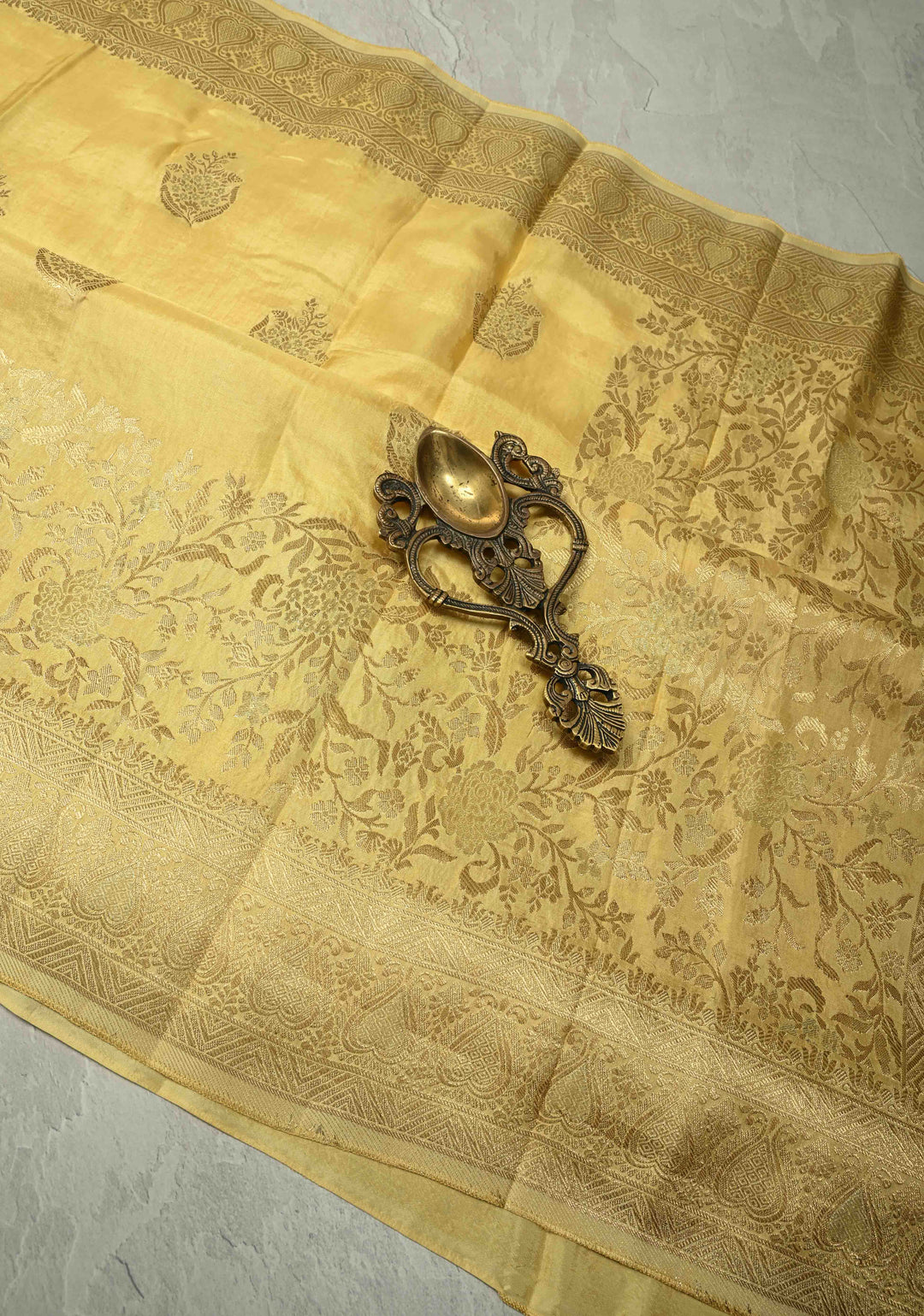 Butter Yellow Banarasi Semi Silk Saree with Zari Buttas and Floral Jaal Wide Border