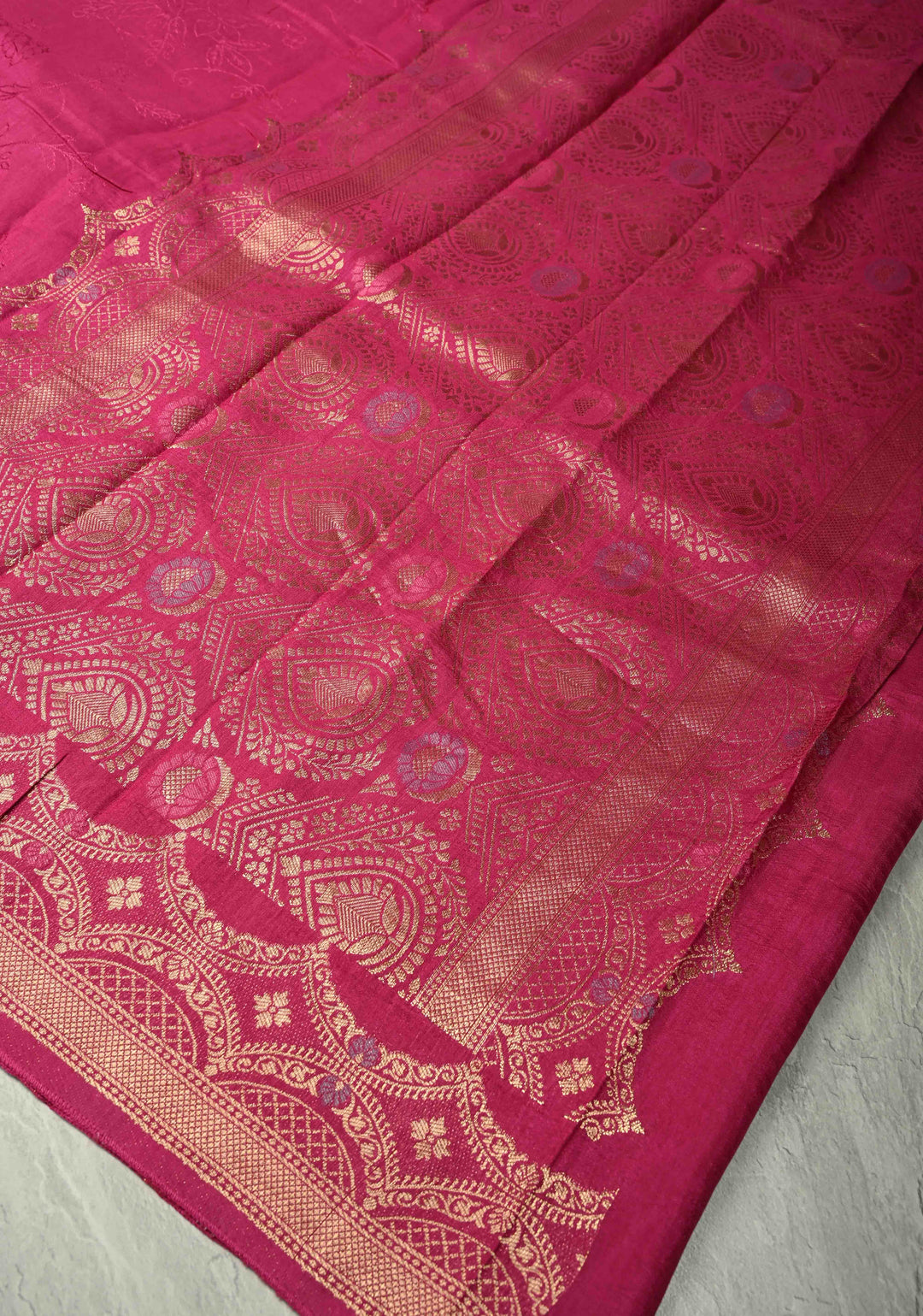 Dark Pink Banarasi Semi Crepe Saree with Self Floral Jaal and Meenakari Scallop Border