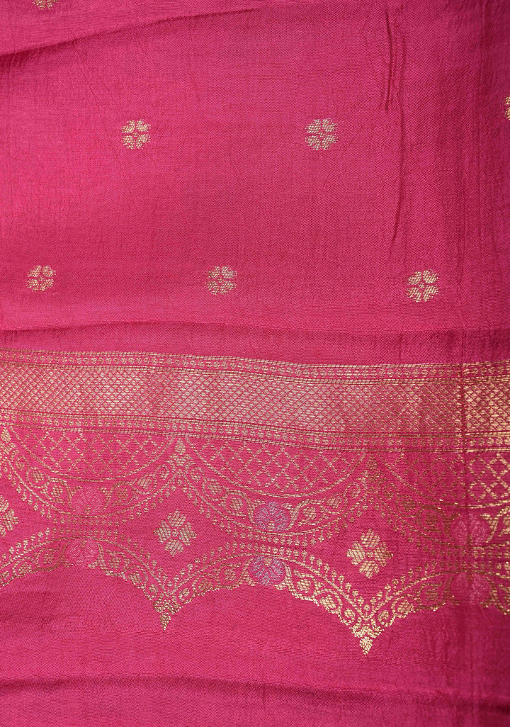 Dark Pink Banarasi Semi Crepe Saree with Self Floral Jaal and Meenakari Scallop Border | SHOBITAM