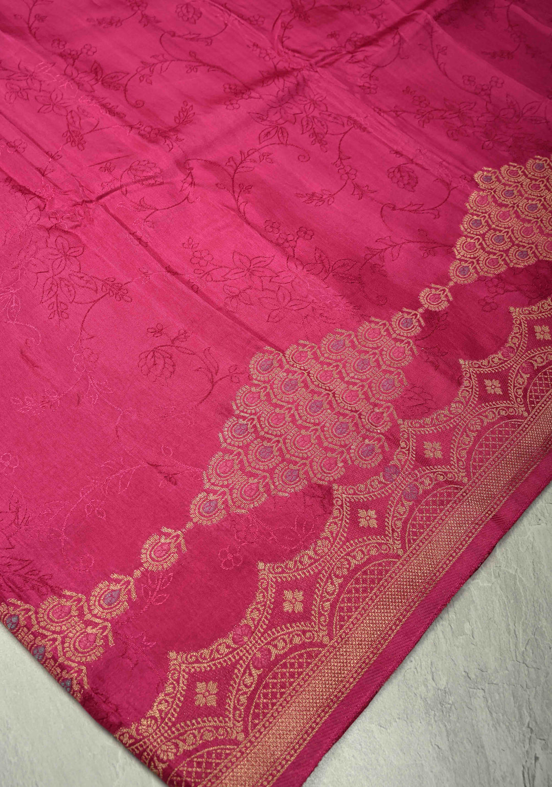 Dark Pink Banarasi Semi Crepe Saree with Self Floral Jaal and Meenakari Scallop Border