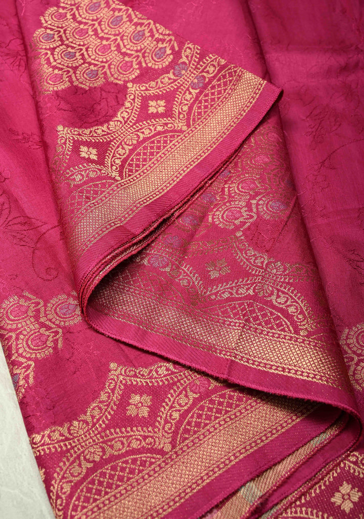 Dark Pink Banarasi Semi Crepe Saree with Self Floral Jaal and Meenakari Scallop Border