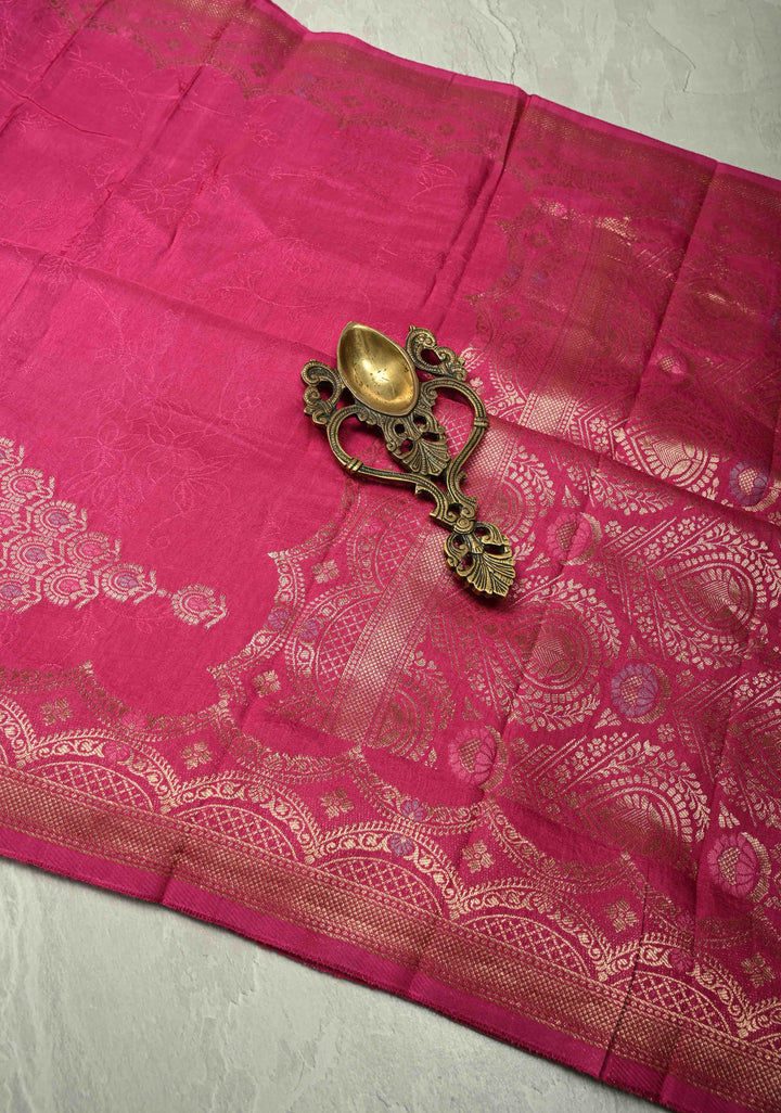 Dark Pink Banarasi Semi Crepe Saree with Self Floral Jaal and Meenakari Scallop Border | SHOBITAM
