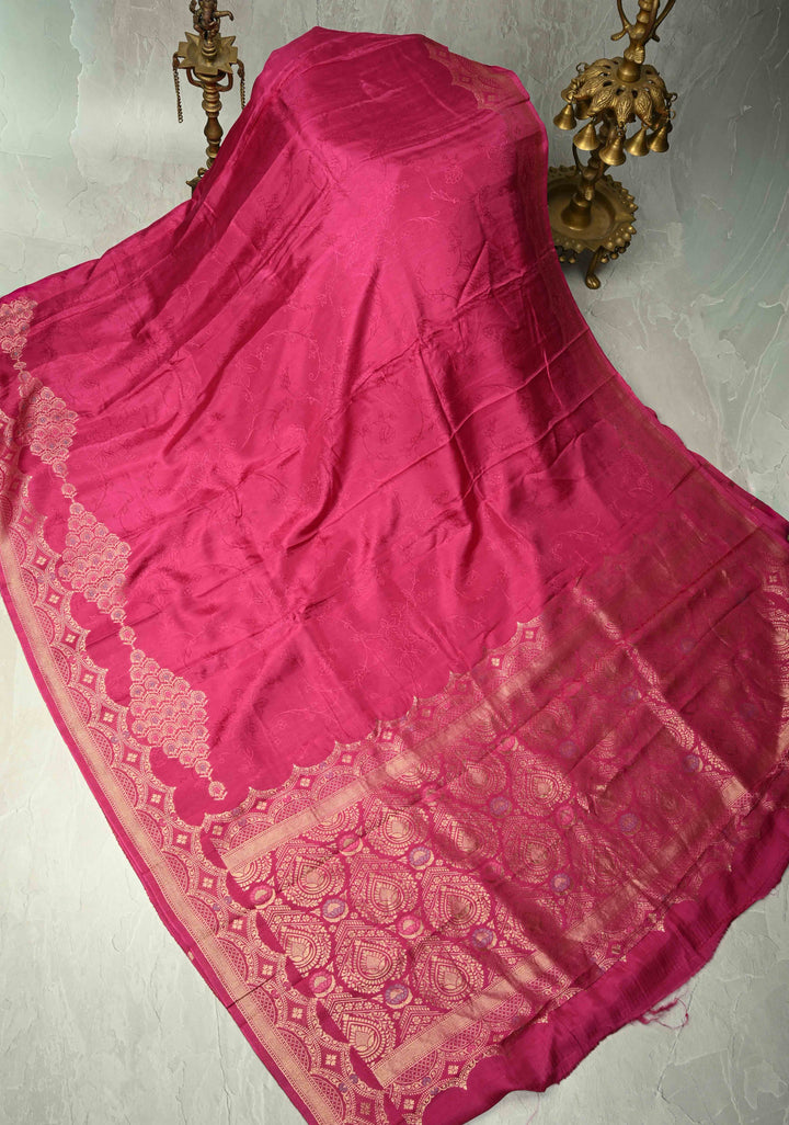 Dark Pink Banarasi Semi Crepe Saree with Self Floral Jaal and Meenakari Scallop Border