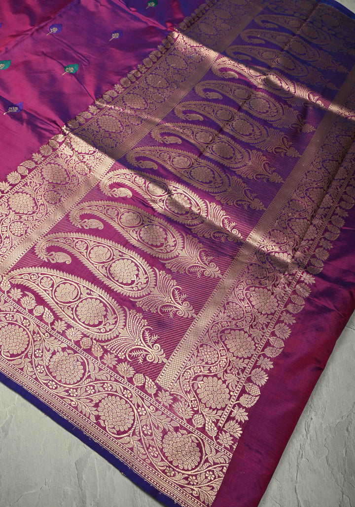Purple Dual Tone Banarasi Katan Silk Saree with Resham Meenakari Buttas and Zari Border | SILK MARK CERTIFIED