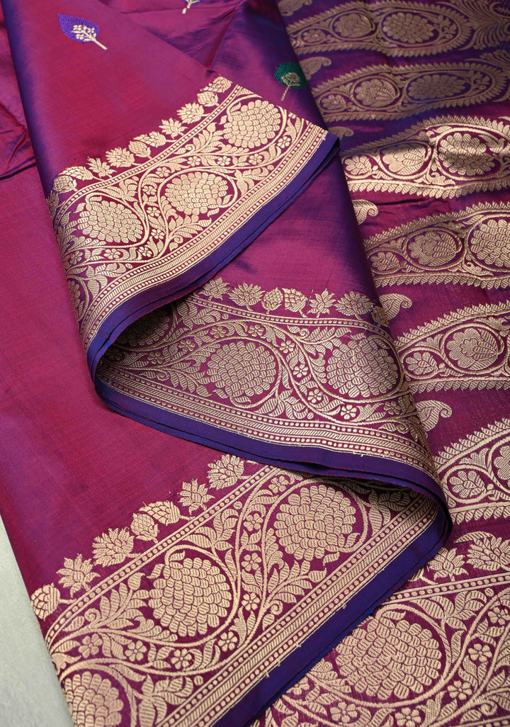 Purple Dual Tone Banarasi Katan Silk Saree with Resham Meenakari Buttas and Zari Border | SILK MARK CERTIFIED