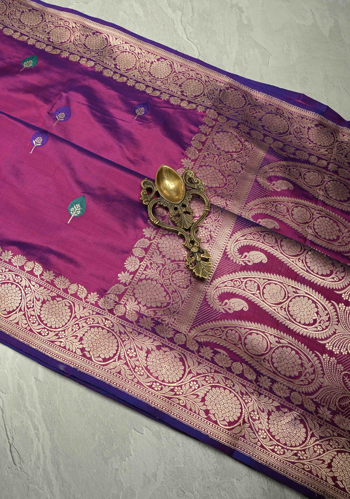 Purple Dual Tone Banarasi Katan Silk Saree with Resham Meenakari Buttas and Zari Border | SILK MARK CERTIFIED