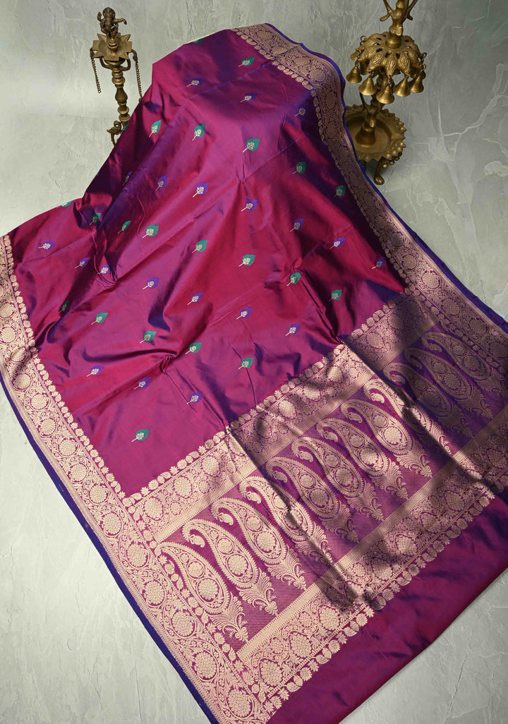 Purple Dual Tone Banarasi Katan Silk Saree with Resham Meenakari Buttas and Zari Border | SILK MARK CERTIFIED