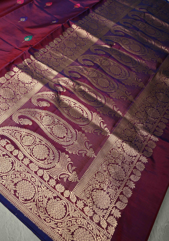 Purple Maroon Dual Tone Banarasi Katan Silk Saree with Resham Meenakari Buttas and Zari Border | SILK MARK CERTIFIED | SHOBITAM