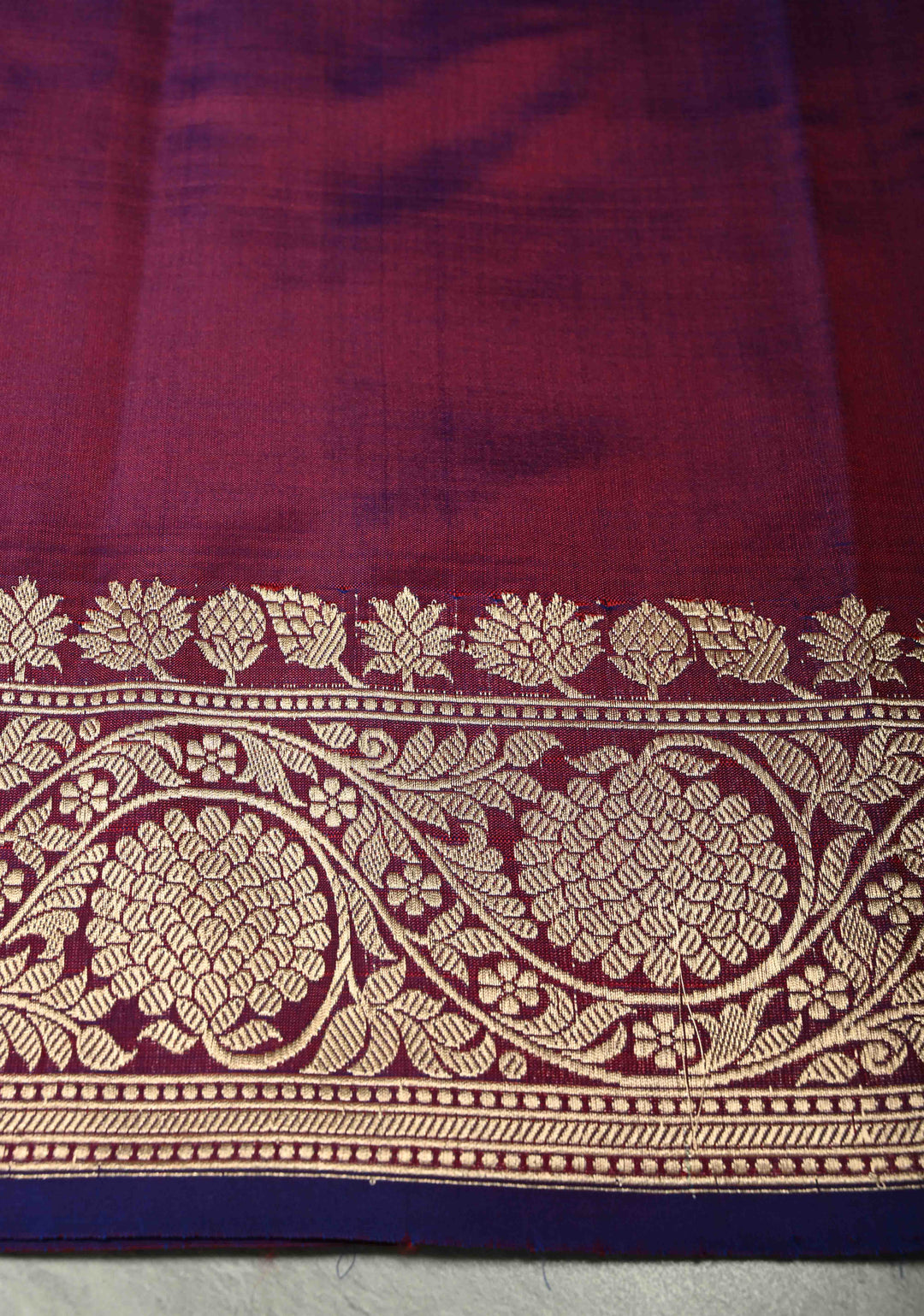 Purple Maroon Dual Tone Banarasi Katan Silk Saree with Resham Meenakari Buttas and Zari Border | SILK MARK CERTIFIED | SHOBITAM