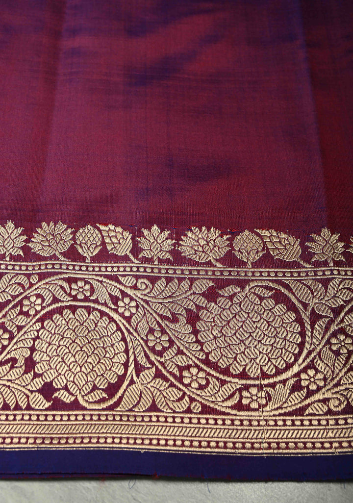Purple Maroon Dual Tone Banarasi Katan Silk Saree with Resham Meenakari Buttas and Zari Border | SILK MARK CERTIFIED | SHOBITAM