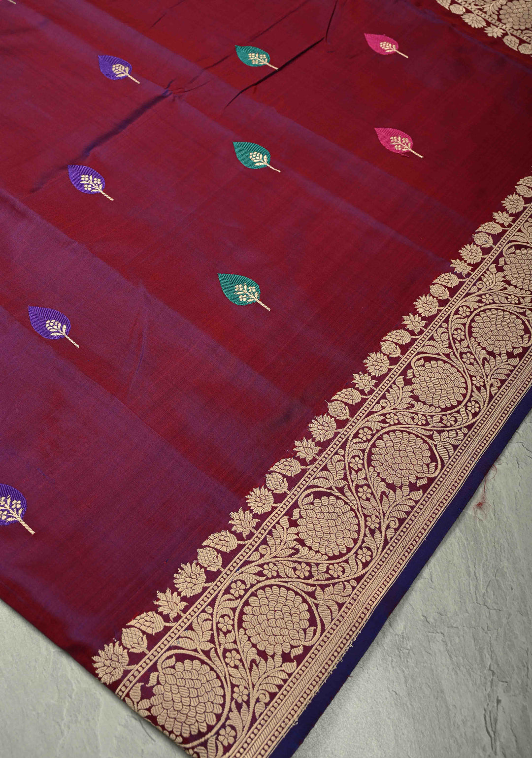 Purple Maroon Dual Tone Banarasi Katan Silk Saree with Resham Meenakari Buttas and Zari Border | SILK MARK CERTIFIED | SHOBITAM