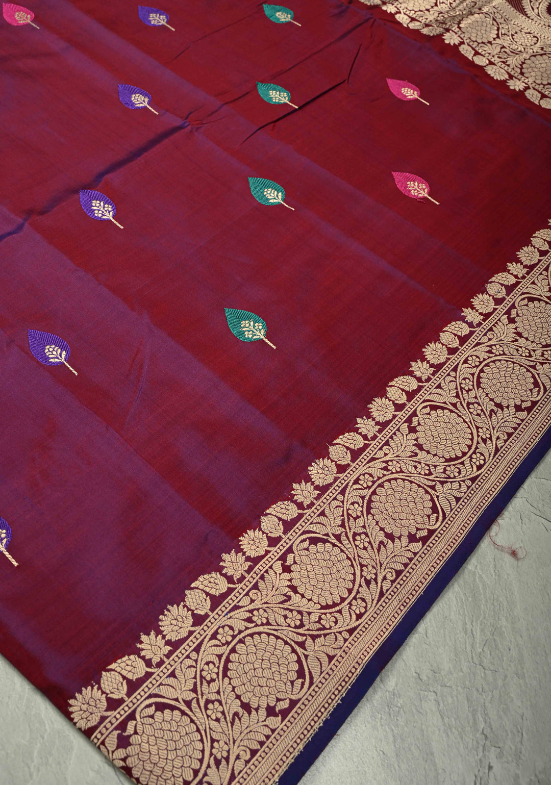 Purple Maroon Dual Tone Banarasi Katan Silk Saree with Resham Meenakari Buttas and Zari Border | SILK MARK CERTIFIED | SHOBITAM