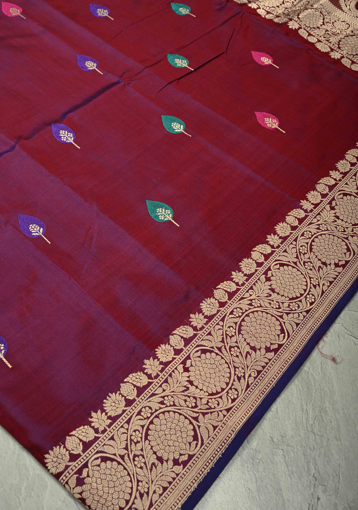 Purple Maroon Dual Tone Banarasi Katan Silk Saree with Resham Meenakari Buttas and Zari Border | SILK MARK CERTIFIED | SHOBITAM