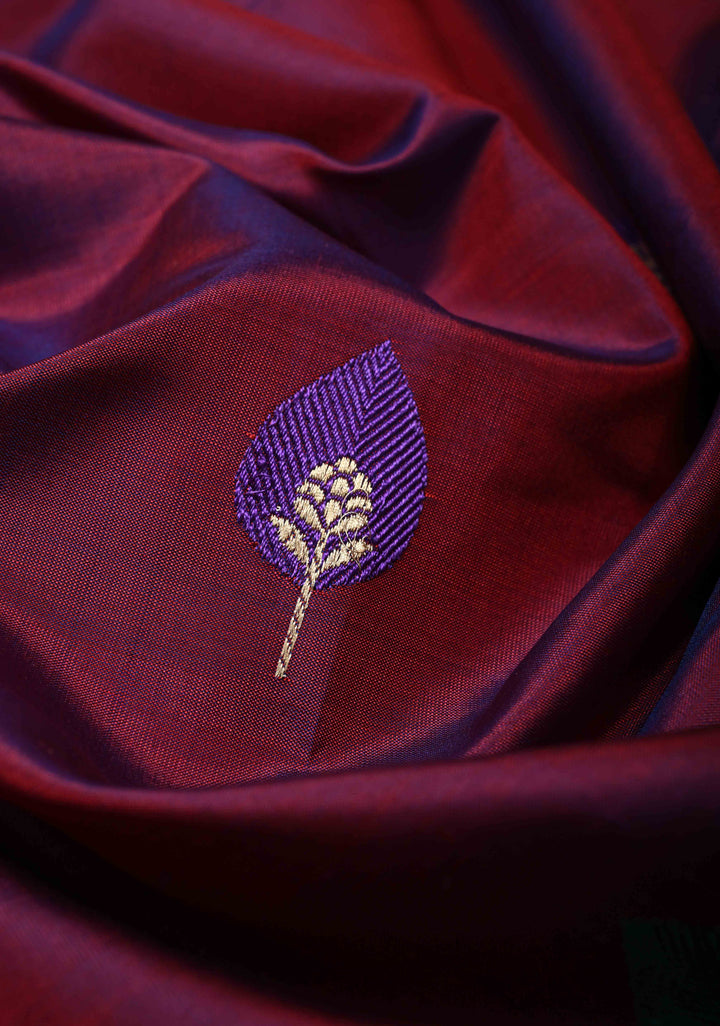 Purple Maroon Dual Tone Banarasi Katan Silk Saree with Resham Meenakari Buttas and Zari Border | SILK MARK CERTIFIED | SHOBITAM