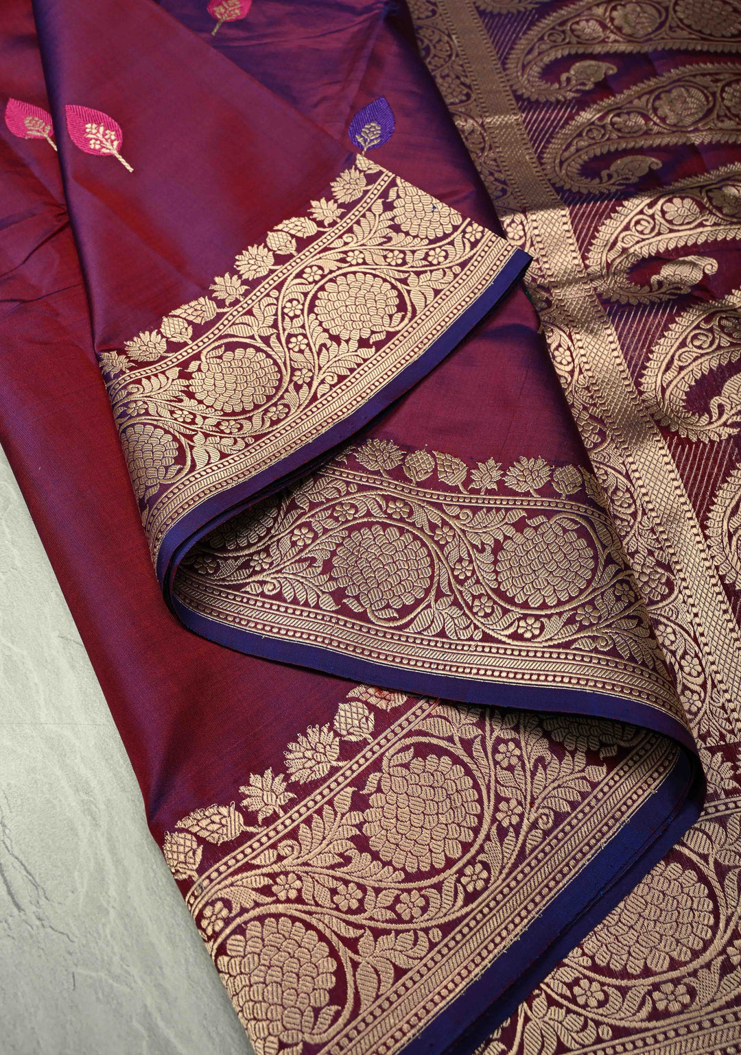 Purple Maroon Dual Tone Banarasi Katan Silk Saree with Resham Meenakari Buttas and Zari Border | SILK MARK CERTIFIED | SHOBITAM
