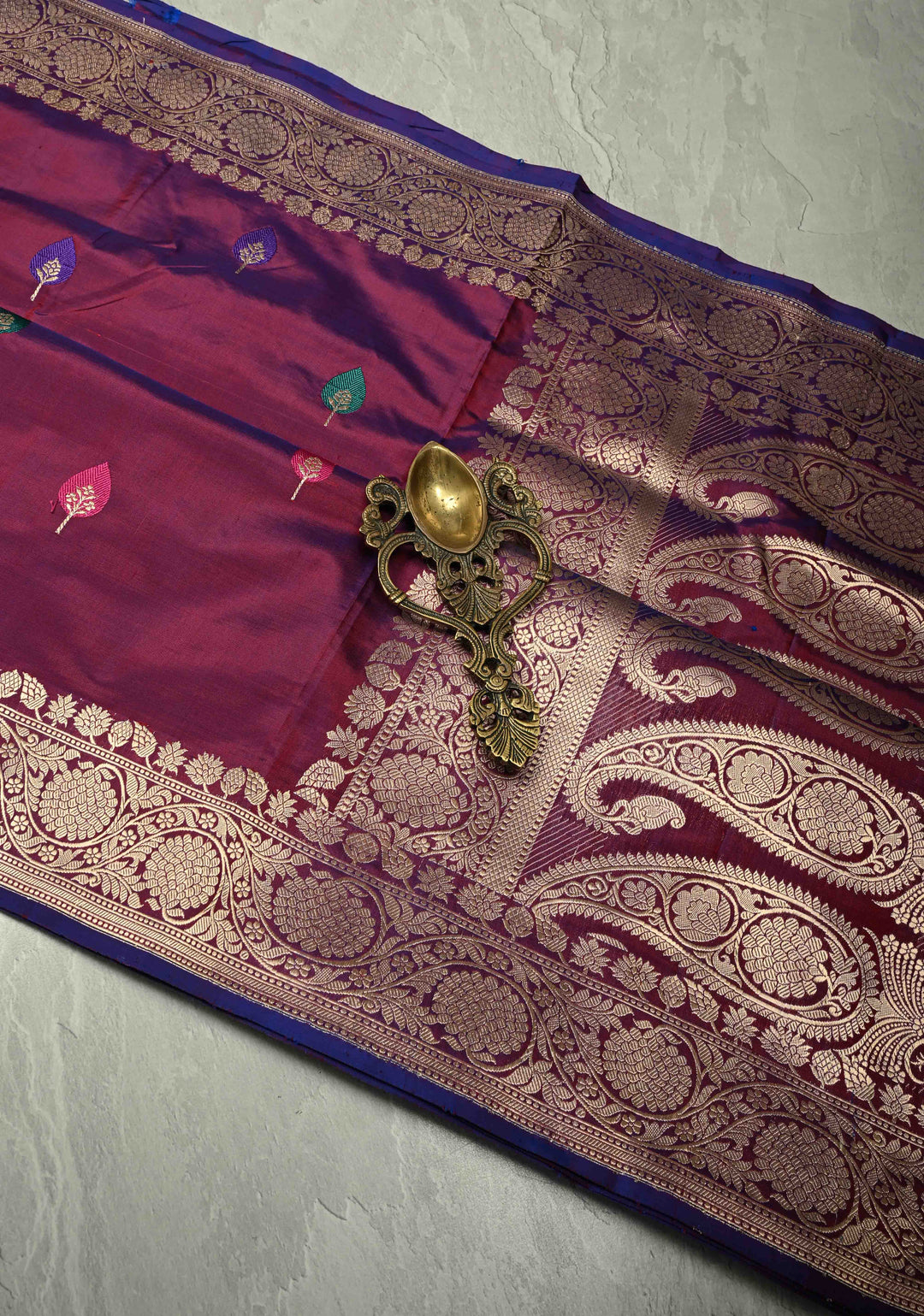 Purple Maroon Dual Tone Banarasi Katan Silk Saree with Resham Meenakari Buttas and Zari Border | SILK MARK CERTIFIED | SHOBITAM