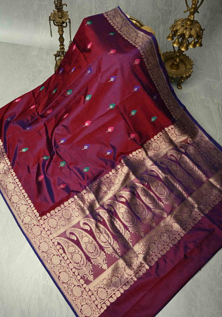 Purple Maroon Dual Tone Banarasi Katan Silk Saree with Resham Meenakari Buttas and Zari Border | SILK MARK CERTIFIED | SHOBITAM