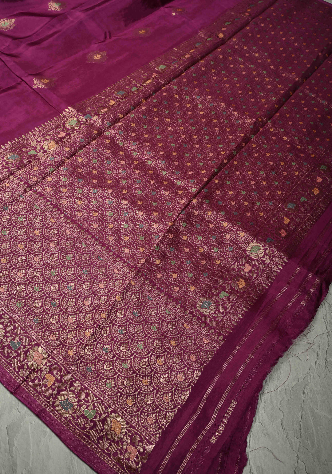 Purple Banarasi Semi Silk Saree with Meenakari Zari Buttas and Wide Zari Border