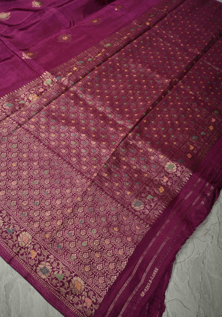 Purple Banarasi Semi Silk Saree with Meenakari Zari Buttas and Wide Zari Border